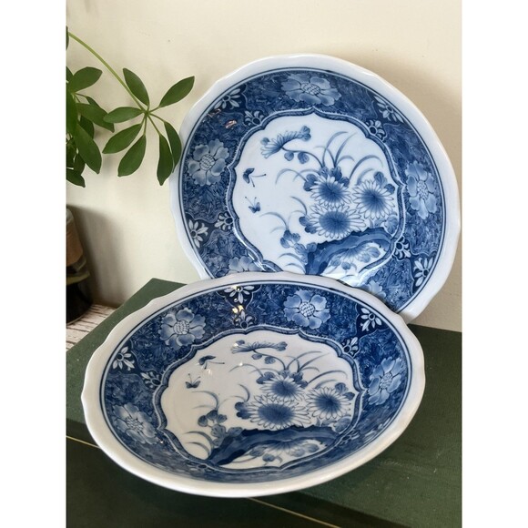 Vintage Japanese Set Of 2 Rice Soup Bowl Blue/White Flowers Design Home Decor - Picture 3 of 10